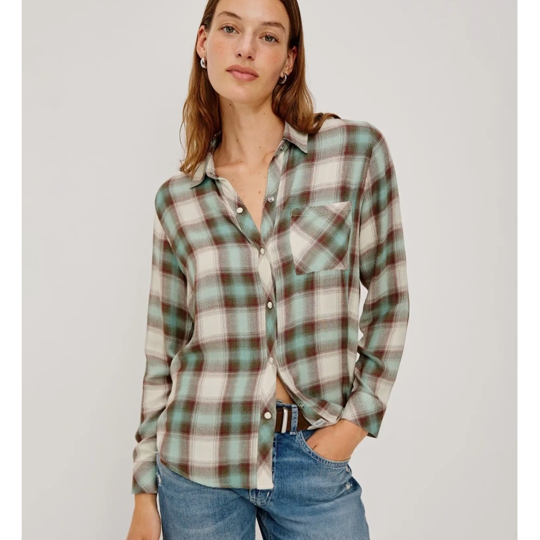 Rails Like New Hunter Plaid Cream Aqua Burgandy Button-Down Rayon Drapey Snaps S